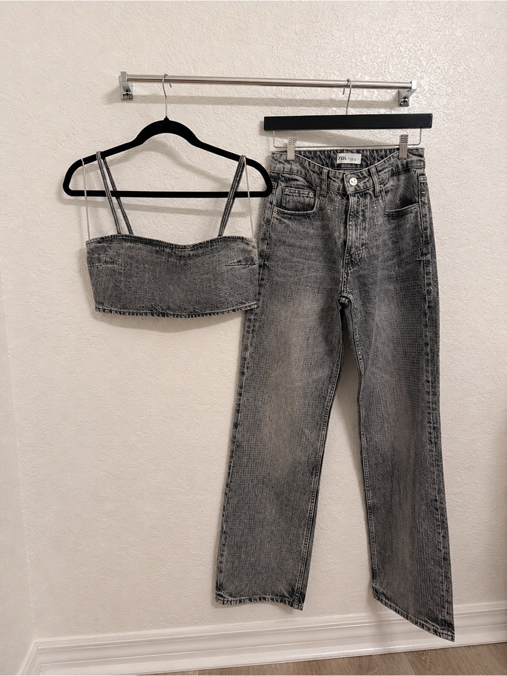 Zara Gray Sequin Denim Crop Top & Jeans Set